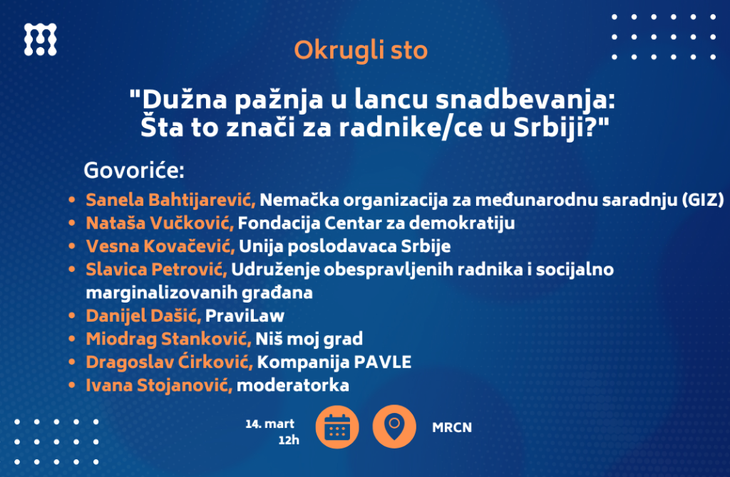 Okrugli sto: “Dužna pažnja u lancu snadbevanja: Šta to znači za radnike/ce u Srbiji?”, Fondacija Centar za demokratiju